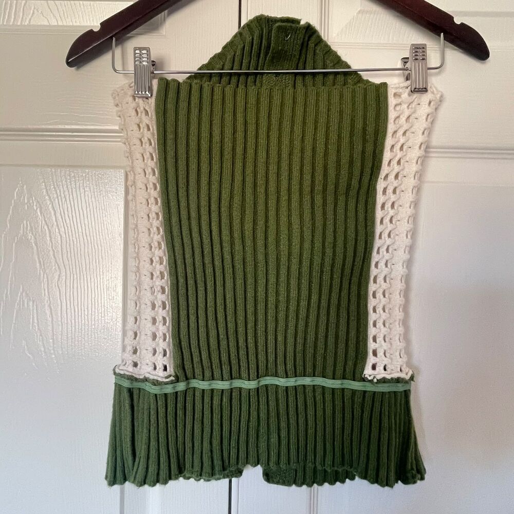 Womens M Olive Green Ribbed Knit Crochet Side Strapless Tube Top Button Front - Picture 3 of 6